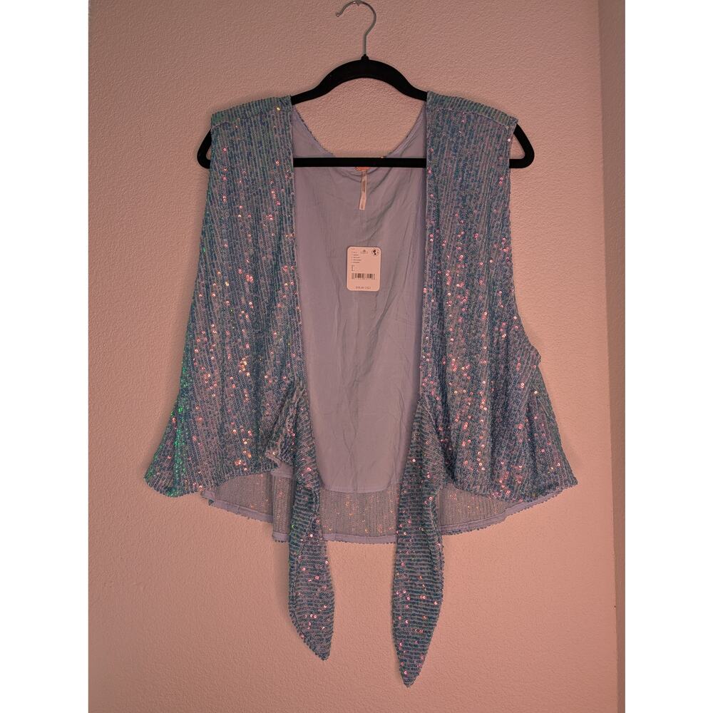 Free People NWT Night Sky Sequin Tie-Front Vest Blue Disco L